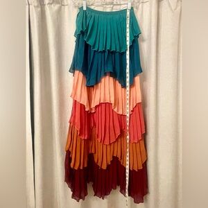 Tiered Ruffle Multicolor Maxi Skirt - Teal, Peach & Rust